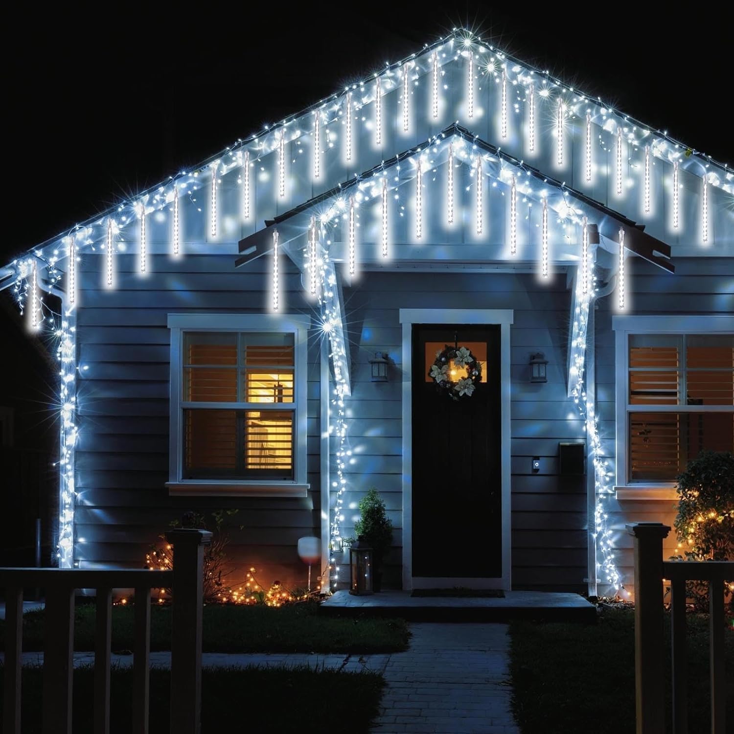 YIQU Weihnachts-Meteorschauerlichter, 2 Stück, 8 Röhren, Meteor-Lichter, LED, fallende Lichter, geeignet für Weihnachten, Urlaub, Party, Zuhause, Terrasse, Outdoor-Dekoration (kaltweiß)