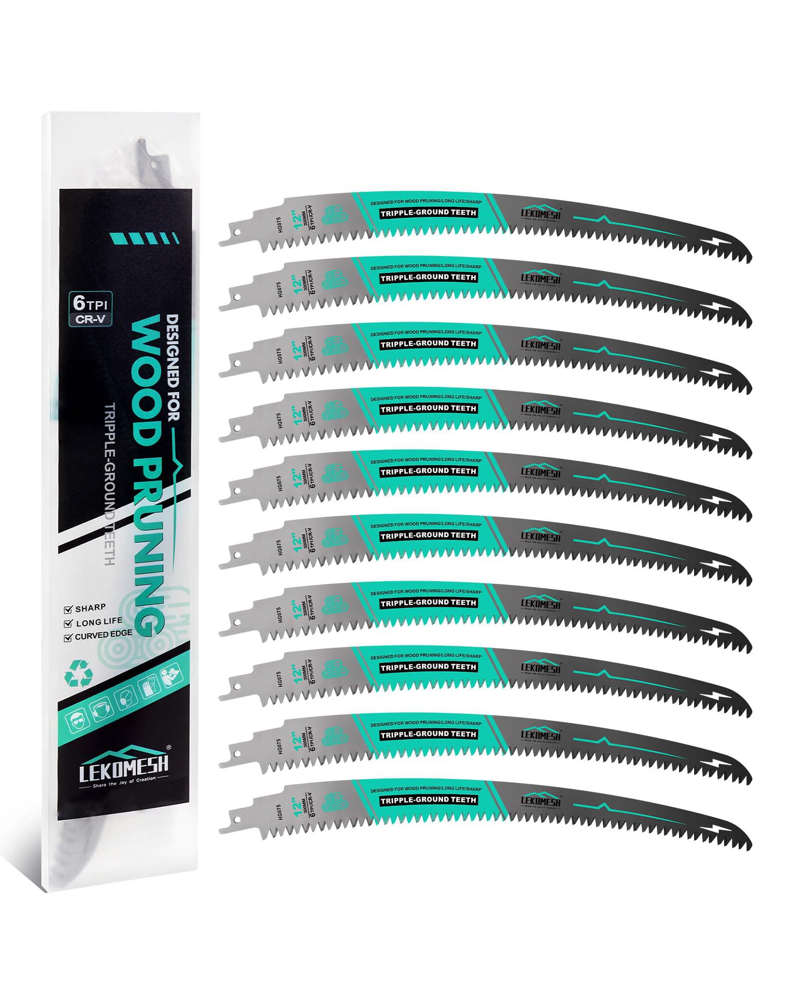 LEKOMESH 300MM Japanese Teeth Reciprocating Saw Blades Wood Pruning - 10pcs Curved Edge 6TPI for Tree Trimming, Wood/PVC Pipe Cutting, Cr-V Sabre Blades Better Wear Resistance