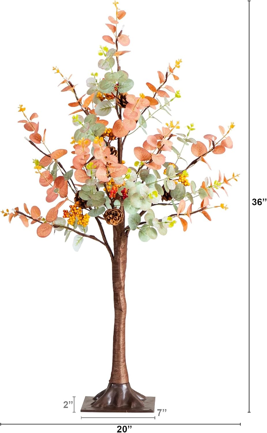 Nearly Natural 3ft Pre-Lit Autumn Eucalyptus Artificial Fall Tree with Pinecones, Berries and 36 Warm White LED Lights