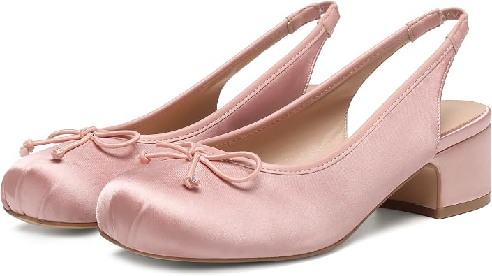 Riekhany Slingback Ballet Heels for Women Cute Bow Square Toe Low Chunky Heel Ballerina Pumps Comfort Satin Mary Jane Heels Shoes with Elastic Rear Strap