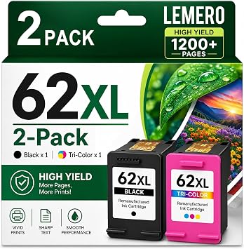 LEMERO 62XL Ink Cartridges Remanufactured Ink Cartridge Replacement for HP 62XL Ink Cartridge Combo Pack for HP Ink 62 use with Envy 7640 5660 5540 7645 5746 OfficeJet 250 200 5740 Mobile Printer
