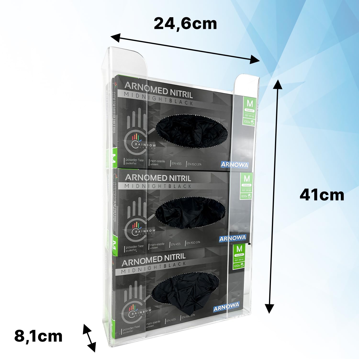 ARNOMED Porta guanti in lattice 3 dispenser parete per 3 scatole acrilico trasparente 24,6x8,1x41 cm