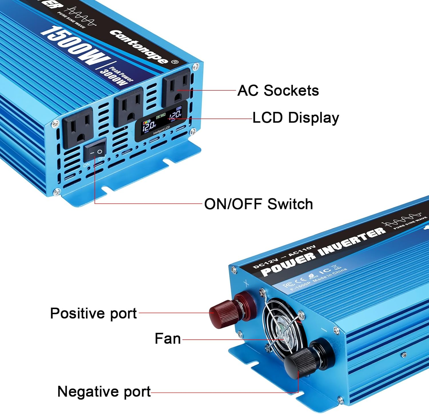 Cantonape Power Inverter with LCD Screen and Ports