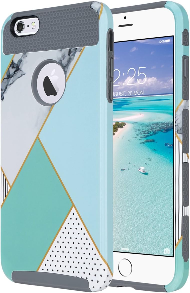 ULAK iPhone 6 Plus Case, Slim Dual Layer Protection Scratch Resistant Hard Back Cover TPU Bumper Case for Apple iPhone 6/6S Plus 5.5 inch-Mint Geometric Marble