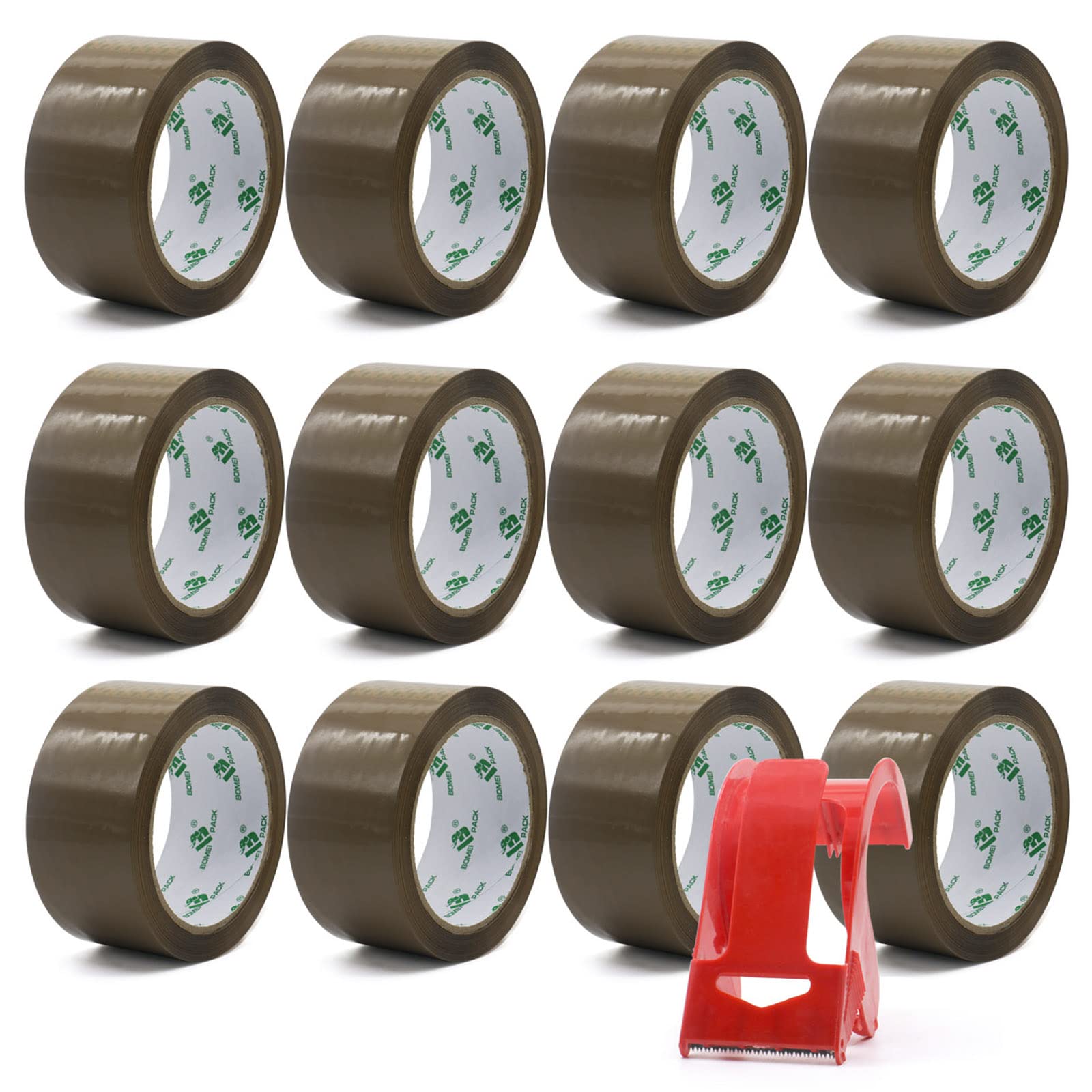 BOMEI PACK Lot de 12 rouleaux de ruban adhésif Marron avec Dérouleur 66 m x 48 mm Emballage de ruban adhesif pour boîtes d'emballage et carton
