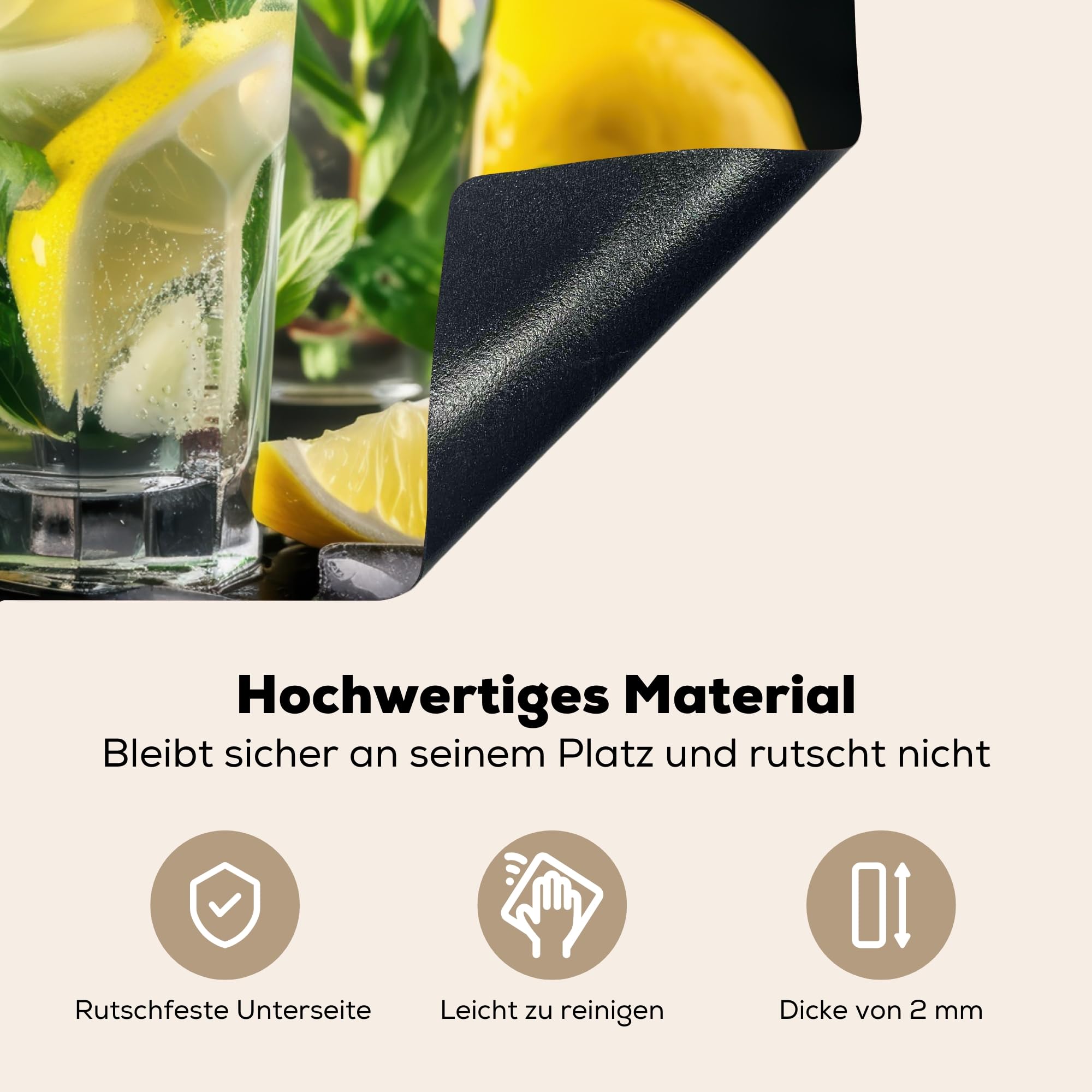 KitchenYeah© Spritzschutz Herd Küchenrückwand Vinyl 60x52 cm Küchen Zubehör Küchenwand, Herdabdeckplatten für Ceranfeld Wasser - Glas - Zitrone - Minze