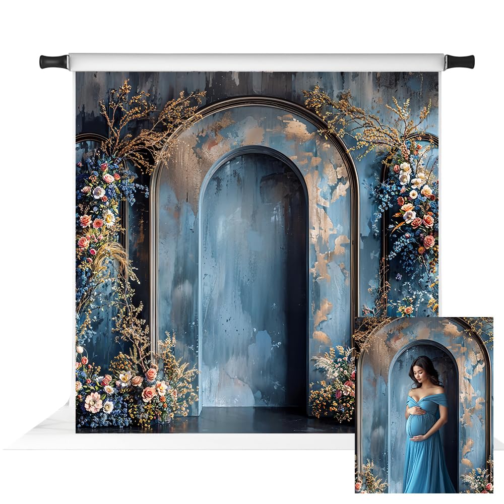 Kate Boho Blue Photography Background Retro Flower Wall Professional Photo Backdrop Arch Photoshoot Backdrop for Family Portrait Maternity Photoshoot,