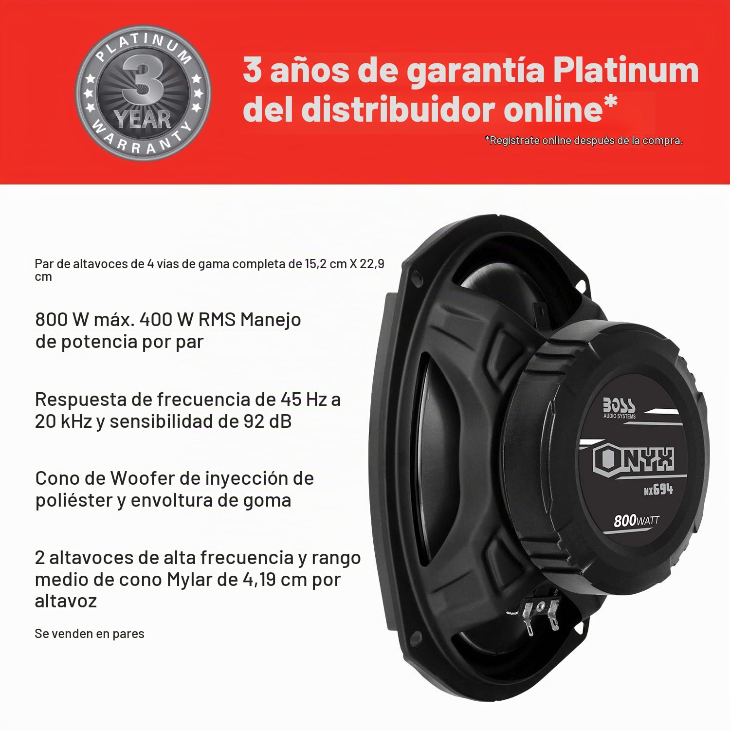 BOSS NX694 altavoz audio De 4 vías 800 W - Altavoces para coche (De 4 vías, 800 W, 4 Ω, 92 dB, 45 - 20000 Hz, 8,38 cm)