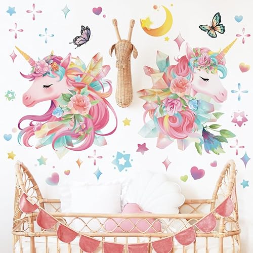 Runtoo Calcomanías de pared de unicornio rosa arcoíris para niñas, dormitorio, bebé, guardería, habitación de niños, decoración de fiesta de