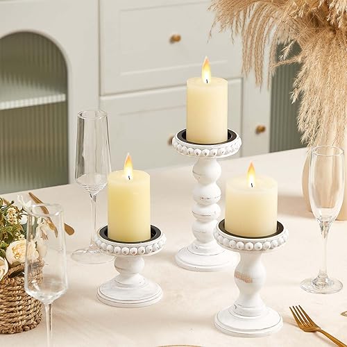 Miniatura 4 de Mumufy 3 portavelas para velas de pilar, decoración rústica de casa de campo, decoración del hogar, con cuentas lavadas, portavelas de madera blanca