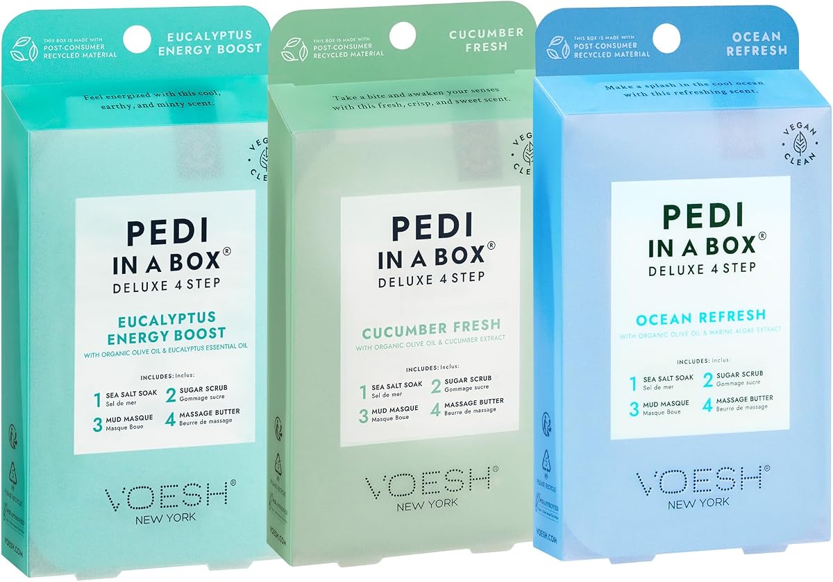 VOESH Pedi in a Box 4 Step, Set de pedicura, Pedicura en casa, Pedicura DIY, Tratamiento de pies, Suministros de pedicura, Exfoliante para pies, Spa para pies, Cuidado de pies, Terapia de pies