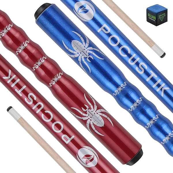 2-Pack Pool Cues (18-21oz), 58" 2-Piece Billiard Sticks Hand-Painted Ergonomic Grip Design, Canadian Maple Shafts & 13mm Tip +Chalk for Adluts Home Bar Pool Table - 2 Red+Blue