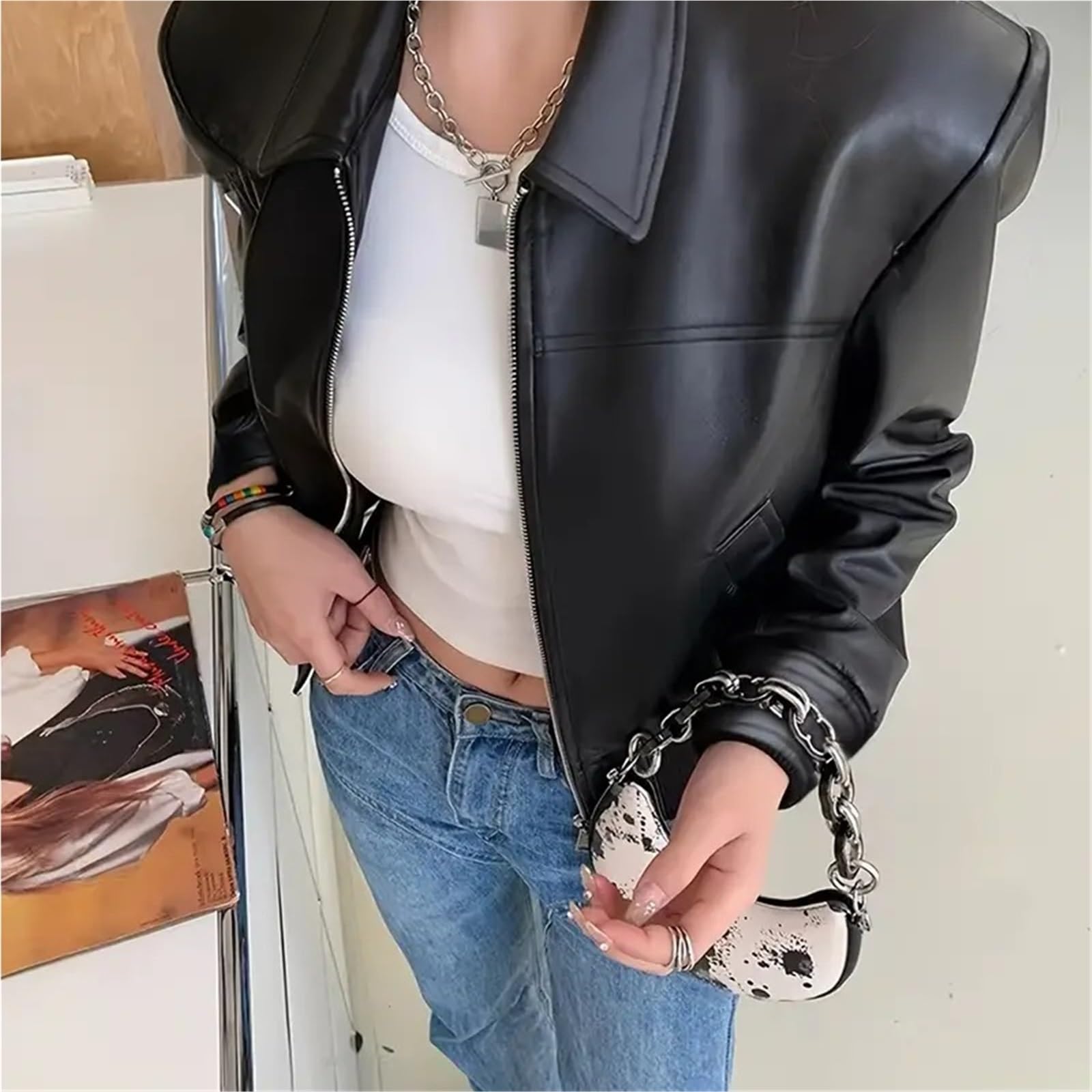 Chaqueta Cuero Mujer Chaqueta corta de cuero for mujer, moda PU, con cremallera y bolsillo for motocicleta Para salir