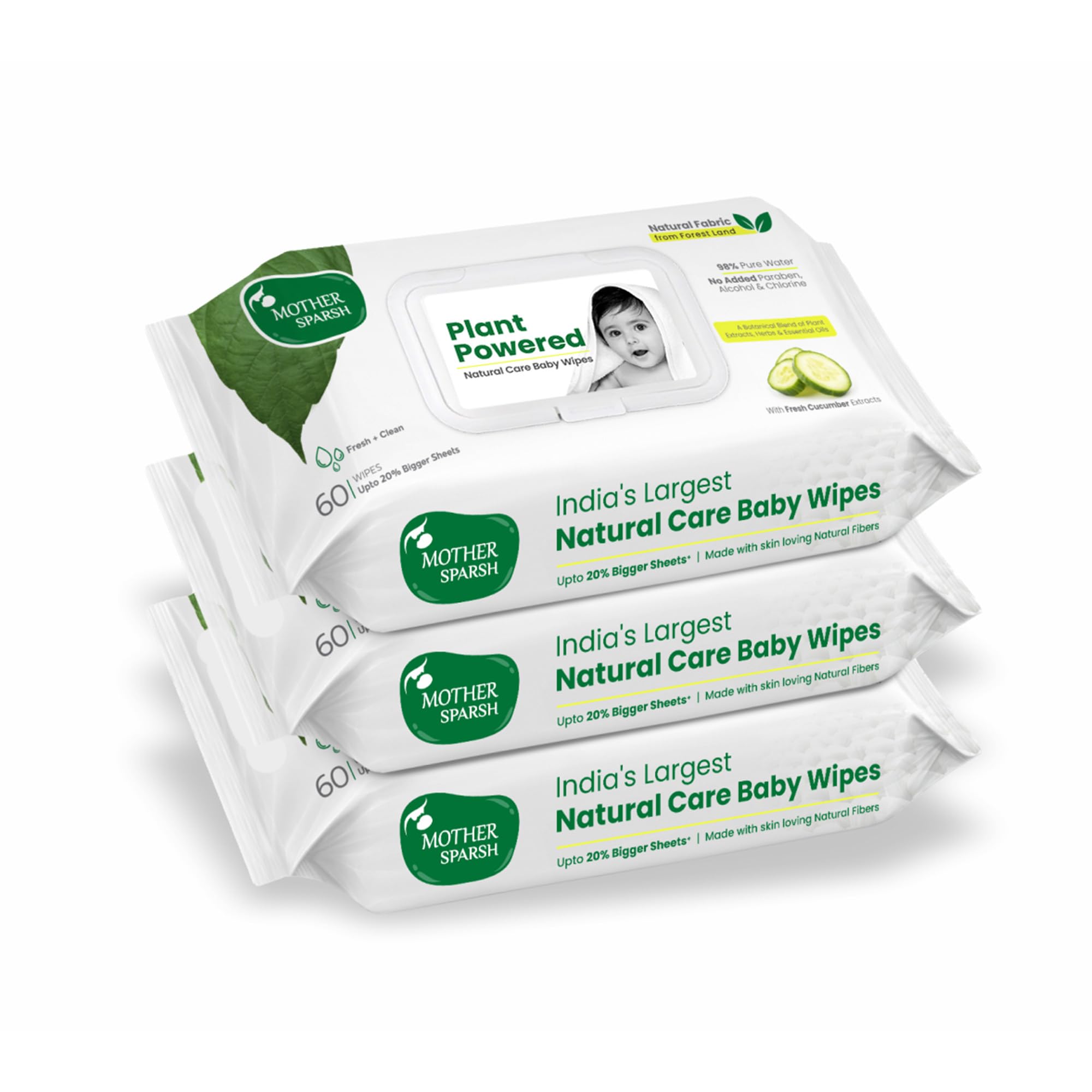 Mother Sparsh Natural Care Baby Wet Wipes with Lid | 100% Plant Made Fabric From Forest Land | Fresh+Cleanse (with Cucumber) Plant Powered Wet Wipes For Baby I Cotton Cloth Like Bigger Sheets | 60 Pcs (Pack of 3)