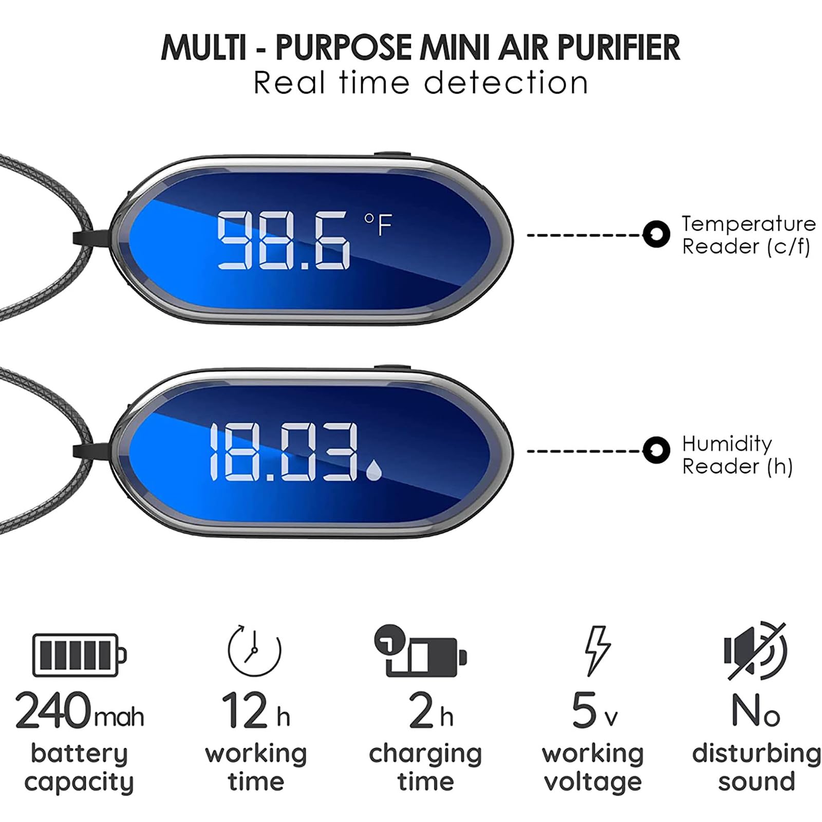 Collar purificador de aire personal, ionizador portátil con control de temperatura y humedad, purificador de aire recargable portátil para coche, oficina, dormitorio y avión