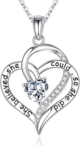 Iefil 925 Sterling Silver Heart Birthstone for Women,Inspirational Gifts for Women She Believed She Could So She Did Necklace Birthday Inspirational