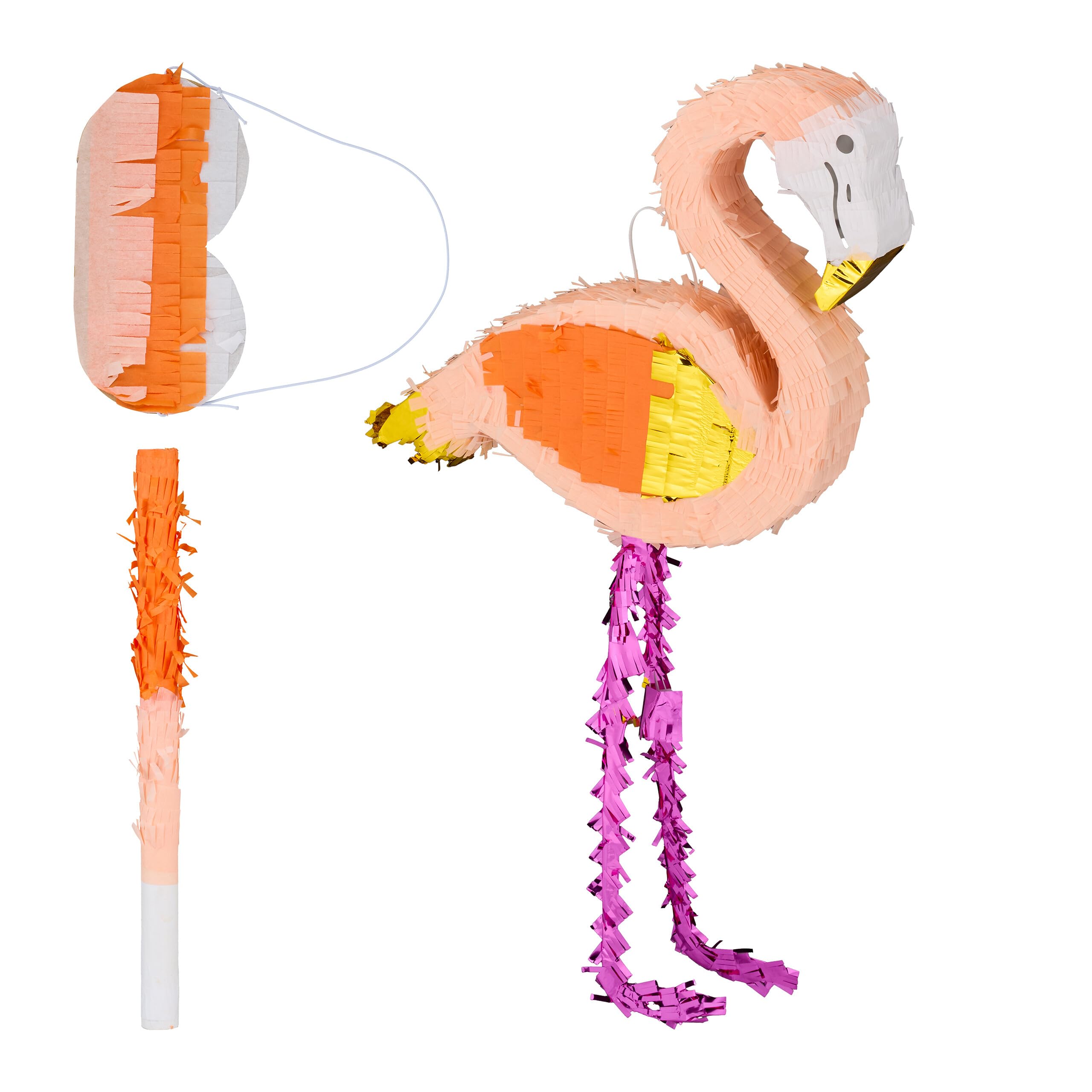 Piñata à remplir flamant rose avec ses accessoires de jeu
