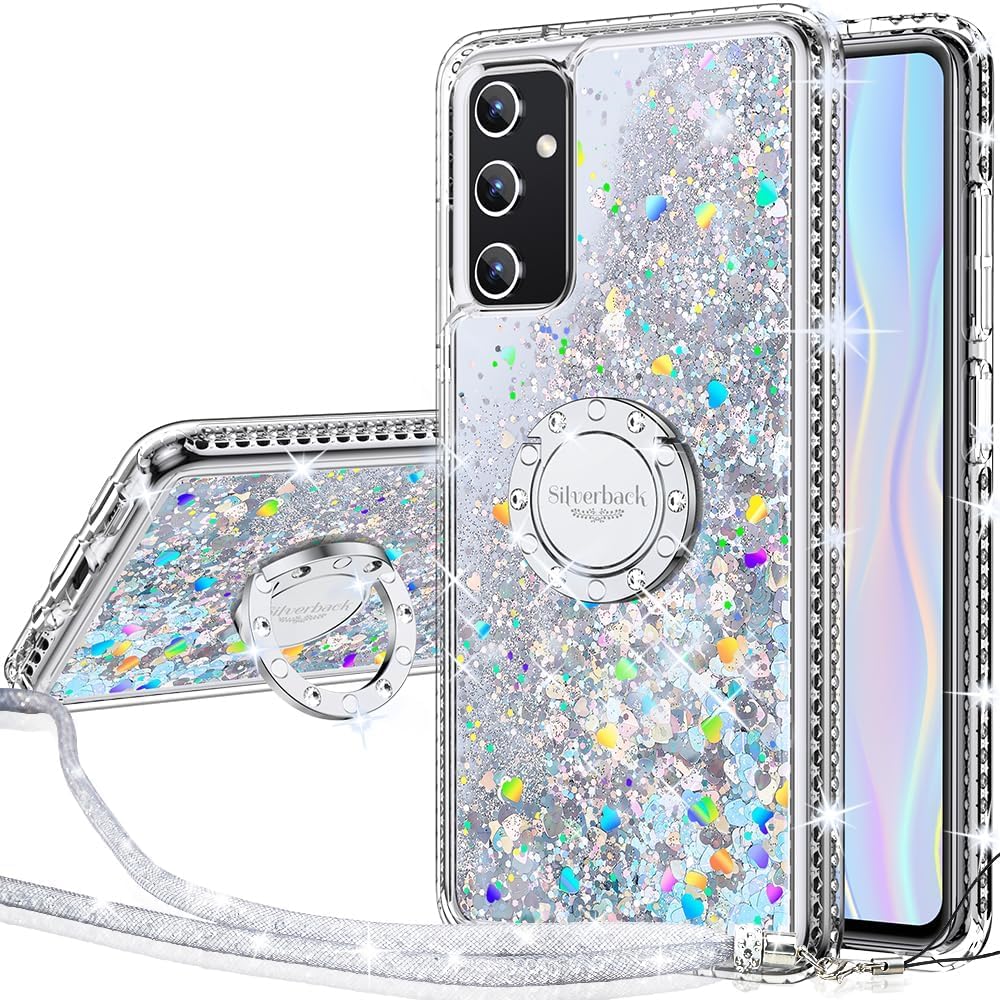 Silverback for Samsung S23 FE Case,Moving Liquid Holographic Sparkly Glitter Case with Stand and Lanyard, Girls Women Bling Ring Shockproof Protective Cover for Samsung Galaxy S23 FE -Silver