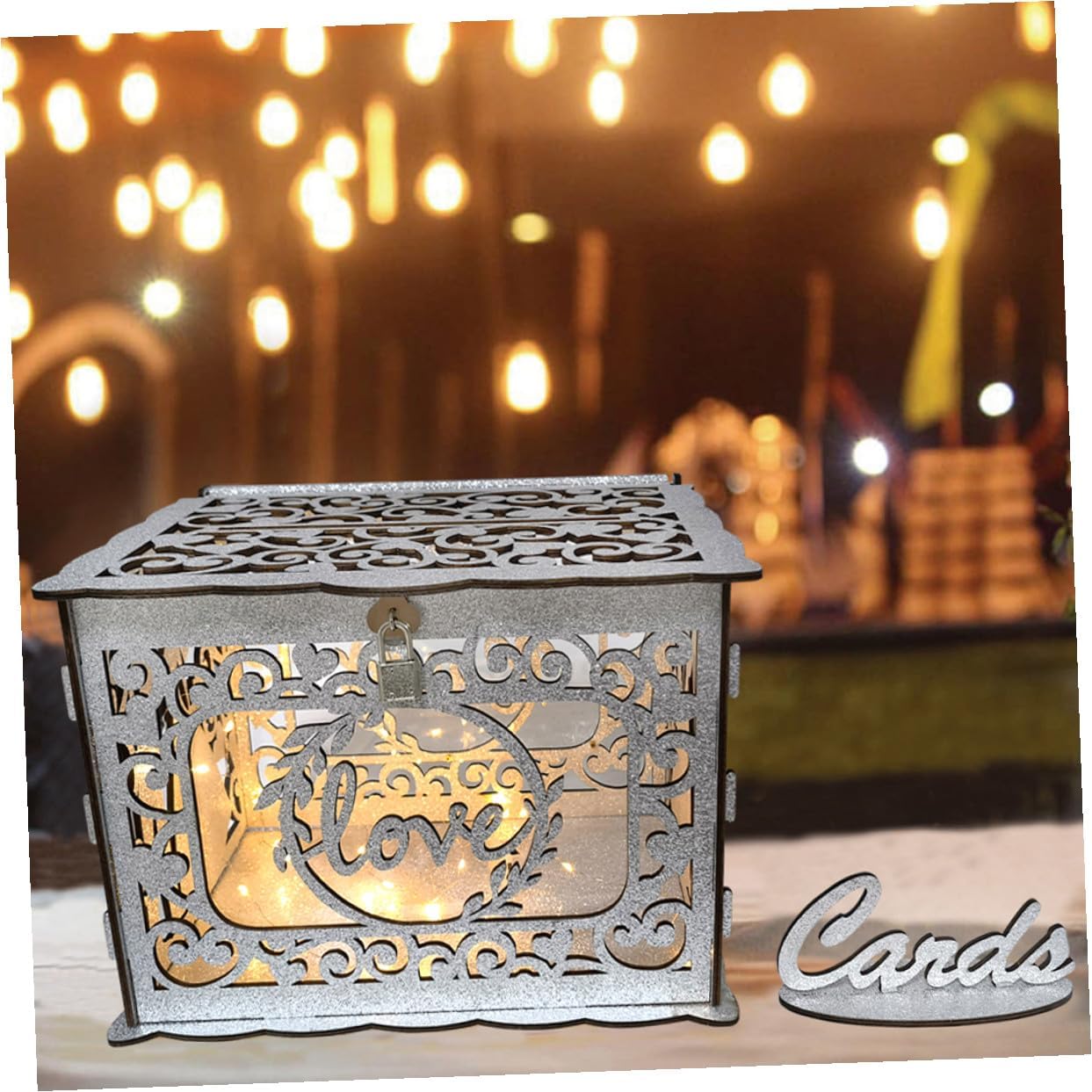 SOLUSTRE Wooden Hollow Card Box with Glitter Wedding Reception Card Holder Portable Greeting and Blessing Envelope Collection Box for Anniversary and Birthday Events