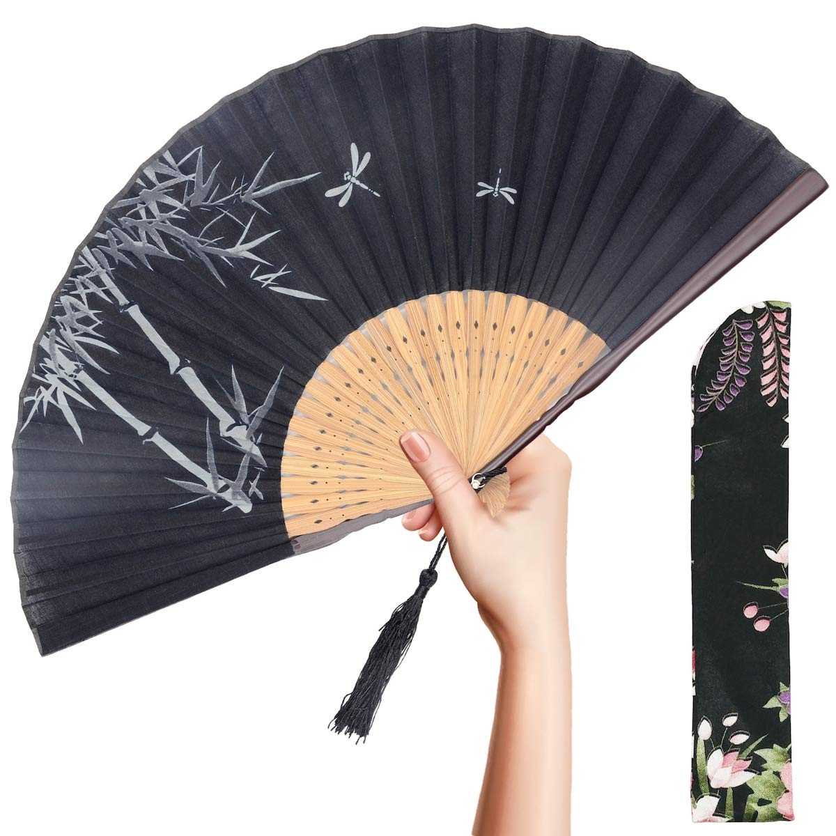 OMyTea"Bamboo Forest Folding Hand Held Fan for Women - With a Fabric Sleeve for Protection - Chinese/Japanese Vintage Retro Style for Wedding, Dancing, Church, Party, Gifts (Black)