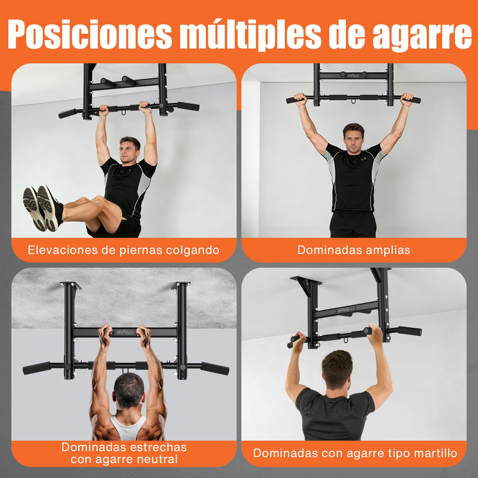 DH FitLife Barra Dominadas Techo 200 kg – Barra Multifuncional 4 en 1 para Calistenia y Gimnasio en Casa, 3 Ojales para Saco de Boxeo y Cintas de Suspensión