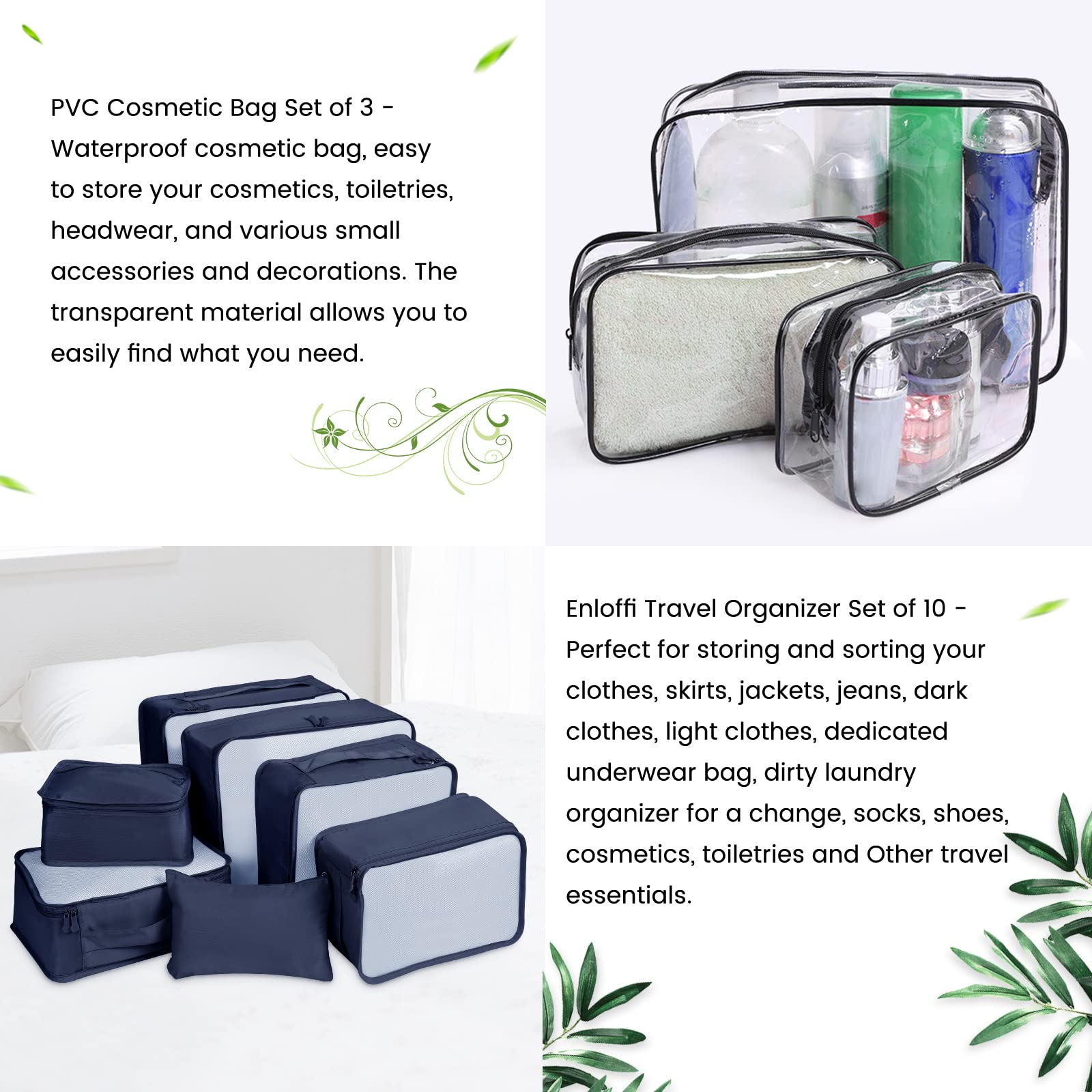 Enloffi Organizer Valigie 10 Pezzi Set Sistema di Cubo di Viaggio Impermeabili Viaggio Accessori Utili per Vestiti Scarpe Biancheria Intima Cosmetici Set di Valigie Portaoggetti, Blu Navy