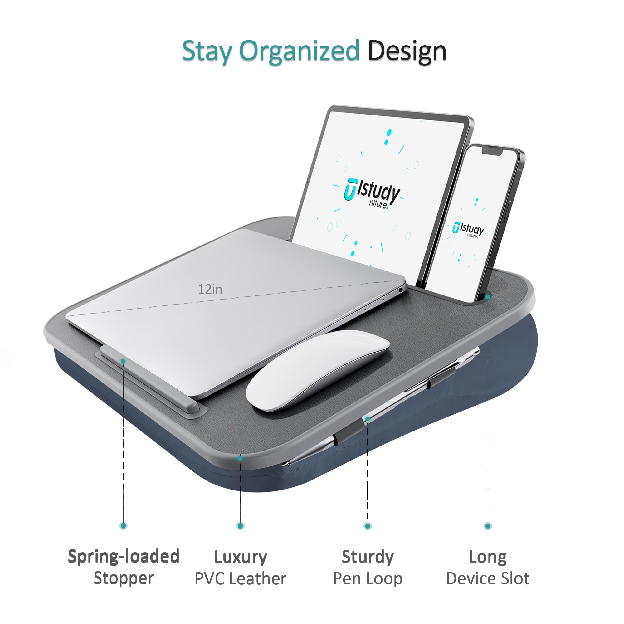 Lap Desk, Portable Laptop Lap Desk with Cushion, Fits up to 15.6 inch Laptop, Laptop Stand with Device Ledge and Phone Holder, for Home Office, ISTUDYNITURE (Grey, Small)