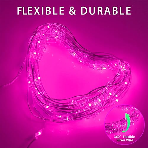 Miniatura 5 de YAOZHOU Guirnalda de luces solares de Navidad rosa para exteriores, impermeables, 100 LED (paquete de 2) 8 modos de luces de cadena de cobre para el