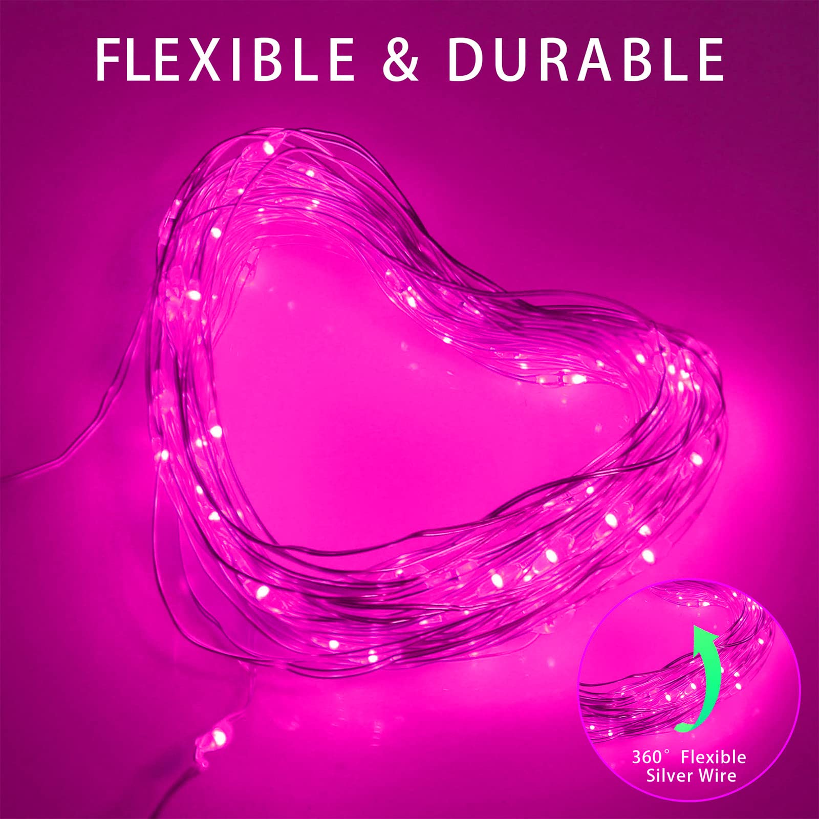Guirnalda de luces solares de Navidad rosa para exteriores, impermeable, 100 LED (paquete de 2) 8 modos de cadena de luces de cobre para el día de San Valentín, jardín, patio, valla, balcón,