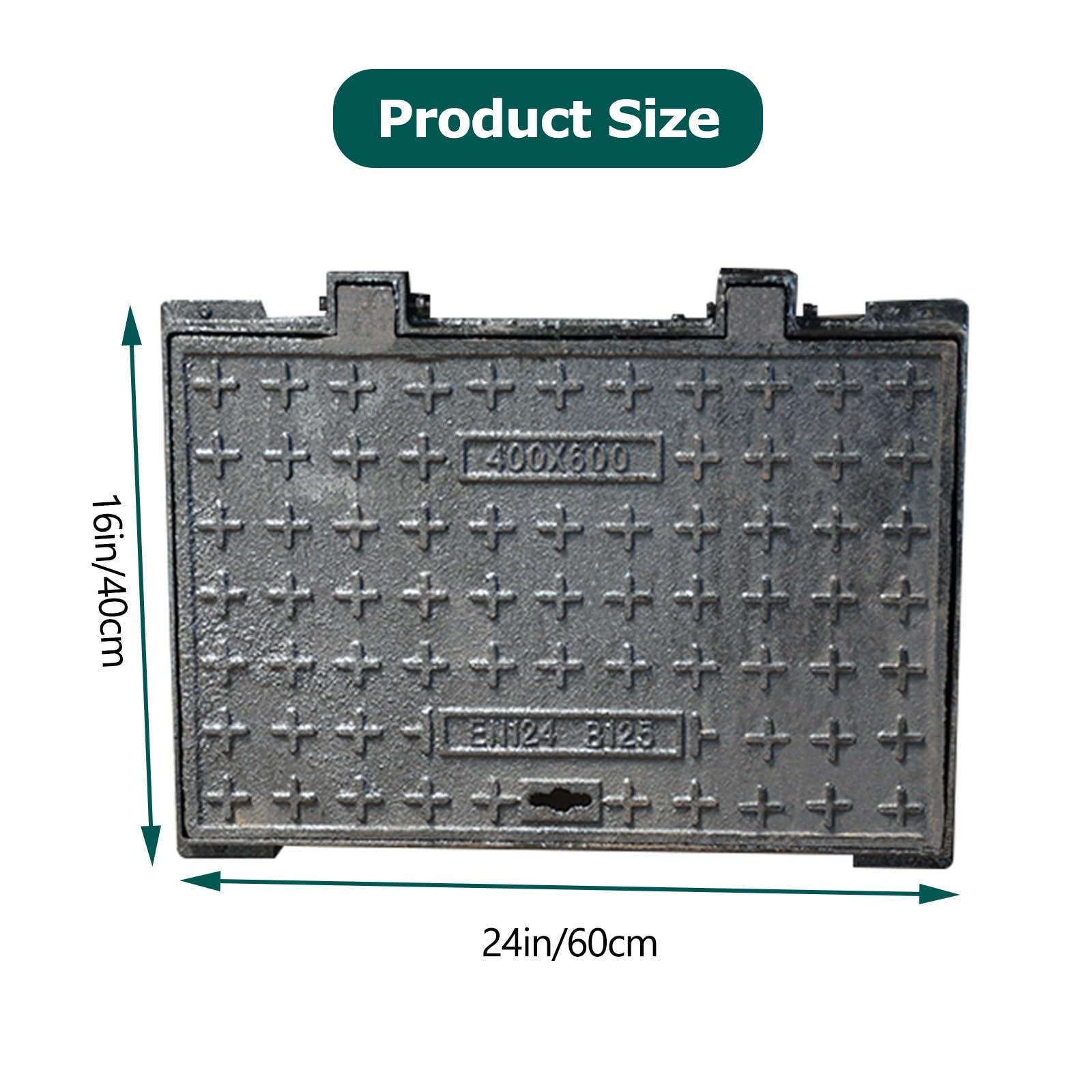 Tapa de Registro Rectangular Integrada con Base, Tapa de Registro de Hierro Fundido de 16×24 Pulgadas, Antideslizante, Soporta 10 Toneladas, Personalizable