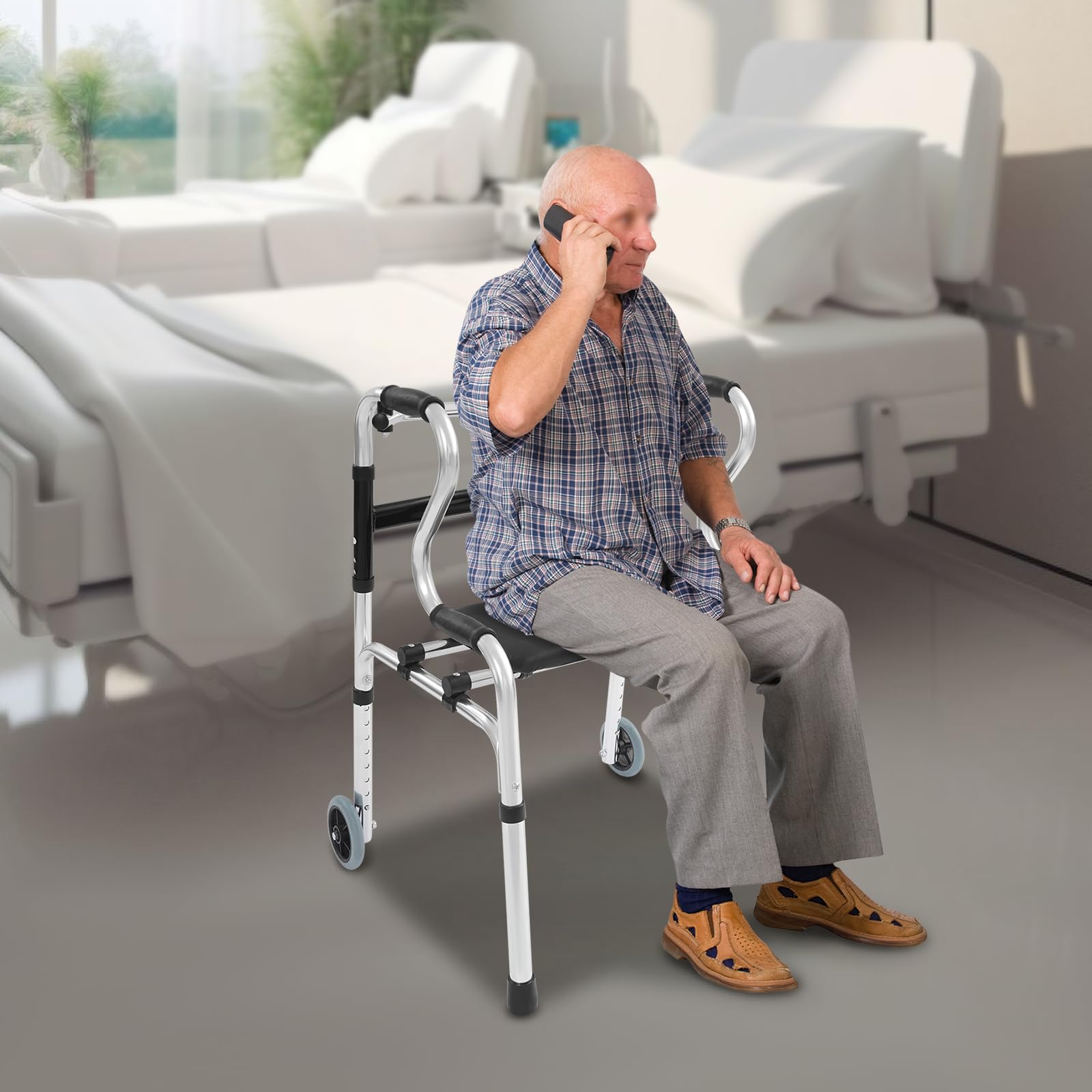 Deambulatore per anziani, 75 – 90 cm, regolabile in altezza, con bracciolo, supporto per ruote, cuscino per casa, ospedale, supporto per camminare, seduti, in piedi, portata: 100 kg