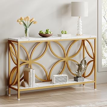 GiftGo Narrow Sofa Table 47.2 Inch, Industrial Sofa Table Behind Couch, Vintage Entry Console Table with Storage for Entryway, Living Room, Foyer, Elegant Design White and Gold, 47.2