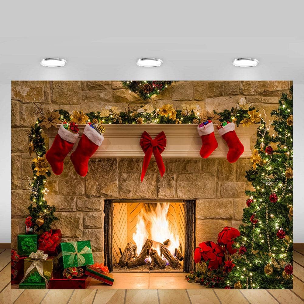Mehofoto Christmas Tree Fireplace Stockings Red Ribbon Photo Studio Backdrop, Hearth-Low, 7x5ft - Image 4