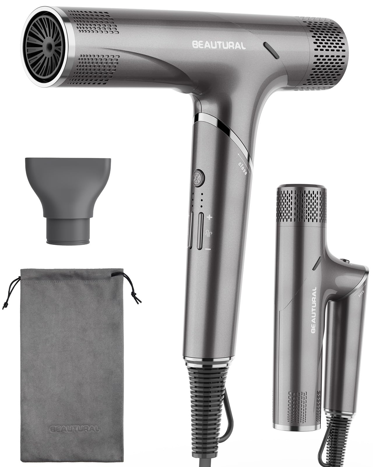 BEAUTURAL 1600W High-Speed Foldable Dual Voltage Travel Hair Dryer, Gray