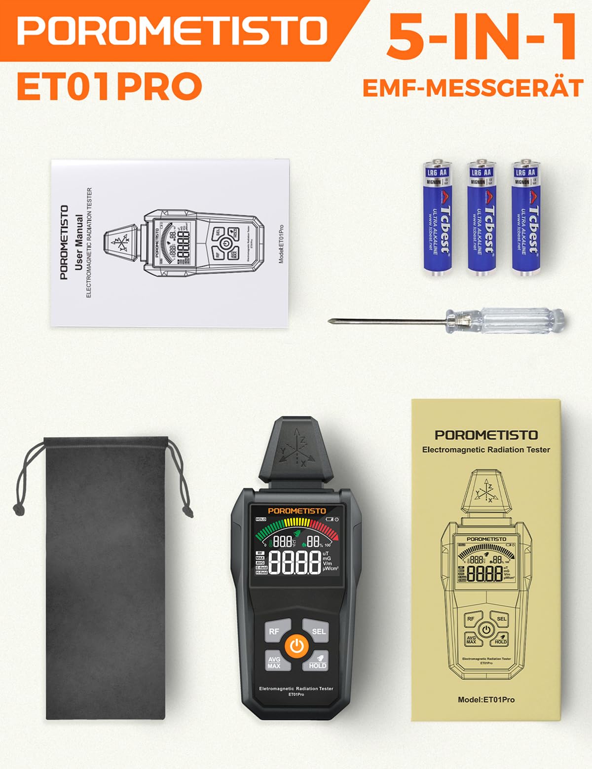 ET01PRO 5-in-1 EMF Messgerät – Elektrosmog Messgerät mit EF/MF/RF/Temperatur/Luftfeuchtigkeit, Max/Min/Speicher, Ideal für Profis, Zuhause & Geisterjagd