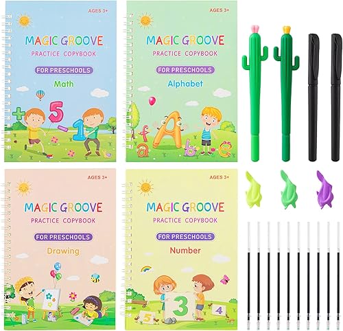 habibee Paquete de 4 libros de escritura ranurados para práctica, tinta que desaparece, repuestos para bolígrafos, empuñaduras para bolígrafos,