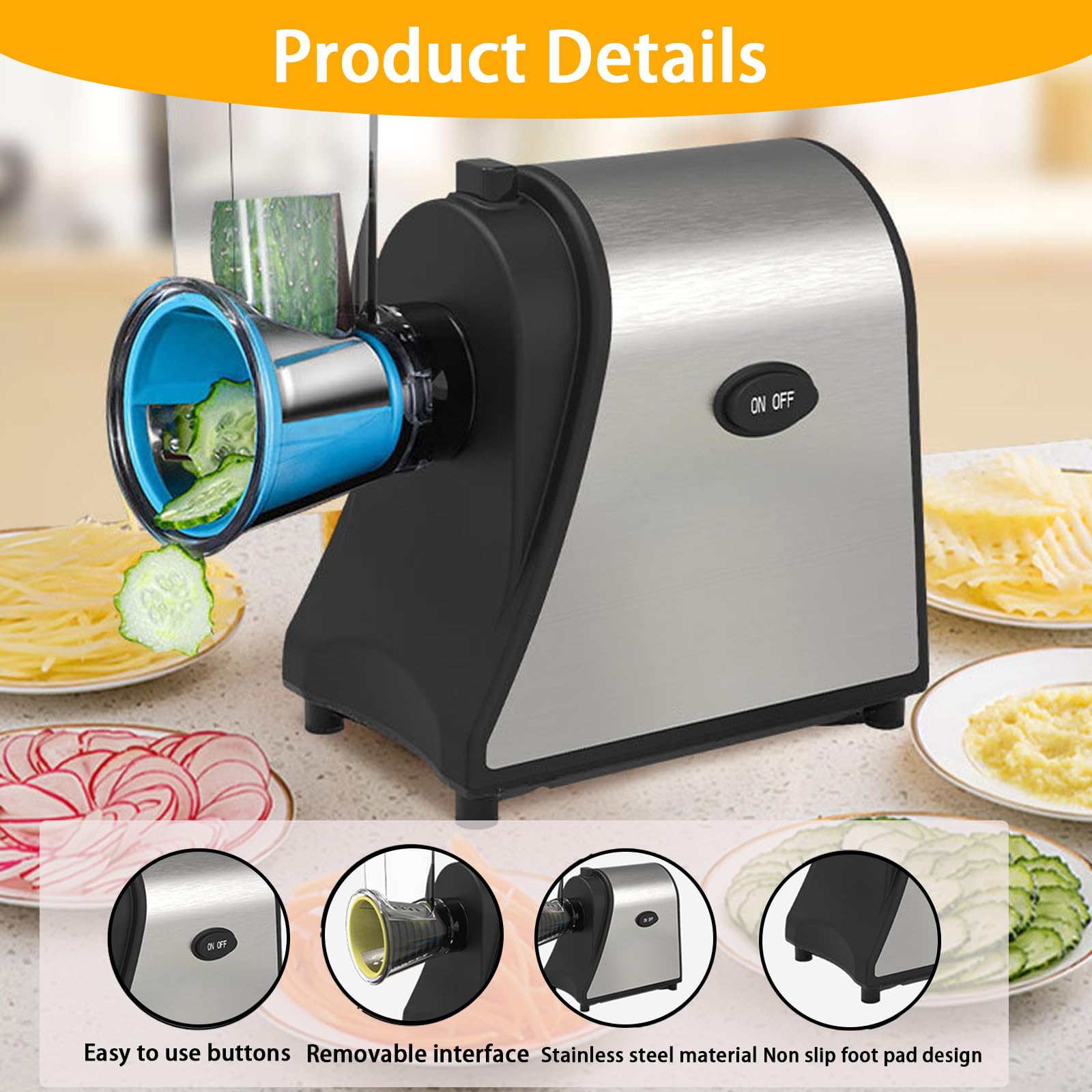 Rallador Queso Eléctrico,Cortador Verduras Eléctrico 5 En 1,con 5 Cuchillas,para Calabacín,Queso,Verduras,Control Fácil con Un Solo Toque,con Cuatro Almohadillas Antideslizantes