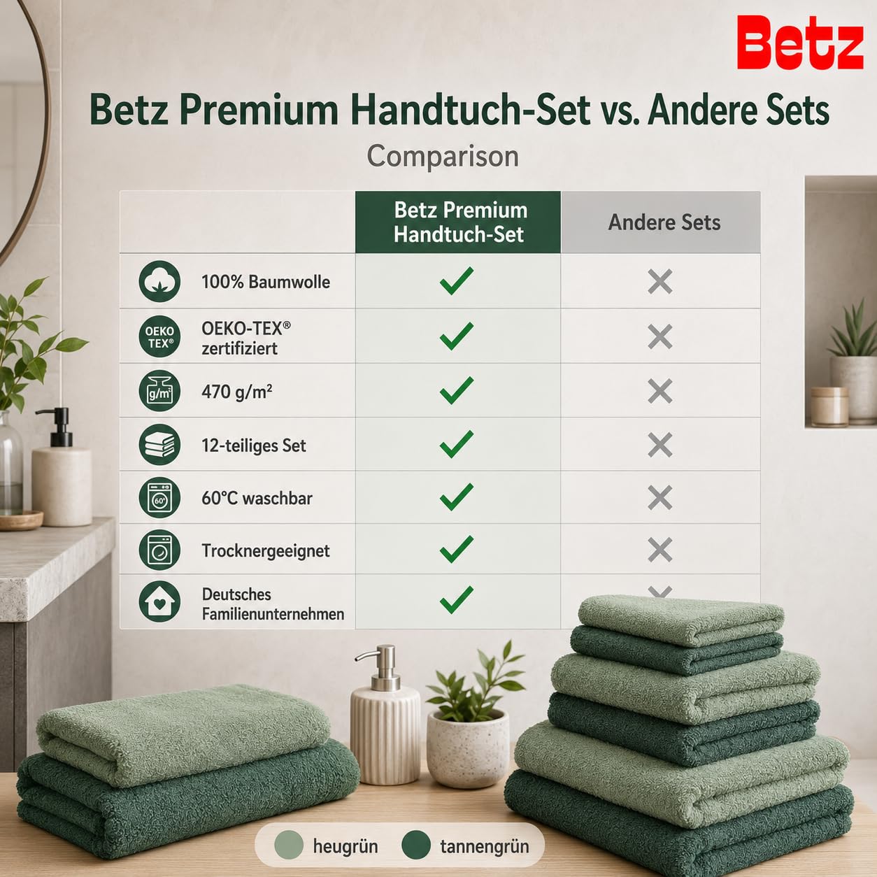 Betz Premium Handtuch-Set 12-teilig 100% Baumwolle Oeko-TEX Zertifiziert 470 g/m² heugrün tannengrün