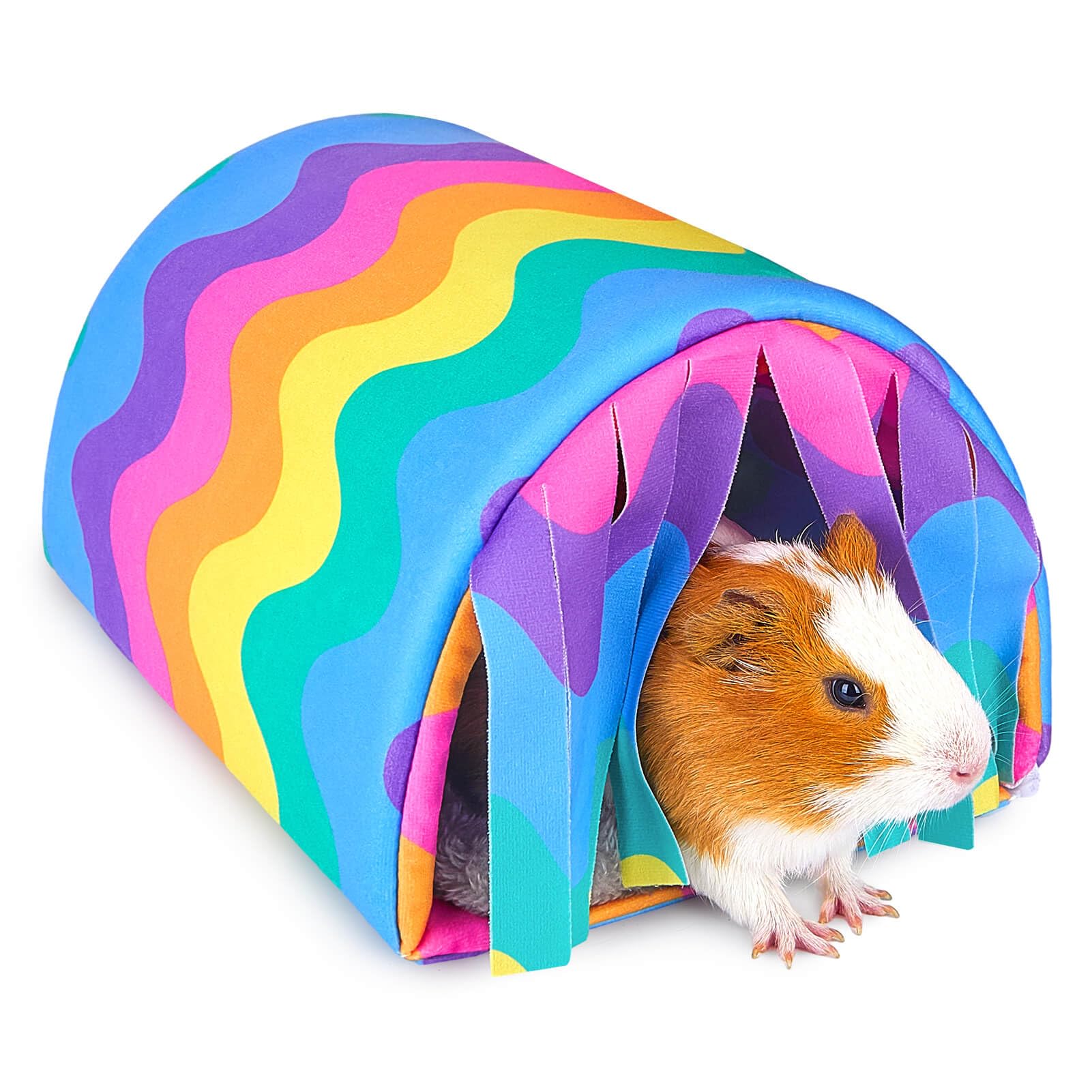Glittme Guinea Pig Hideout with Curtain and Tunnel - Soft Bed with Cushion - Suitable for Guinea Pig, Hamster, Chinchilla, Bunny, Ferret - Washable House