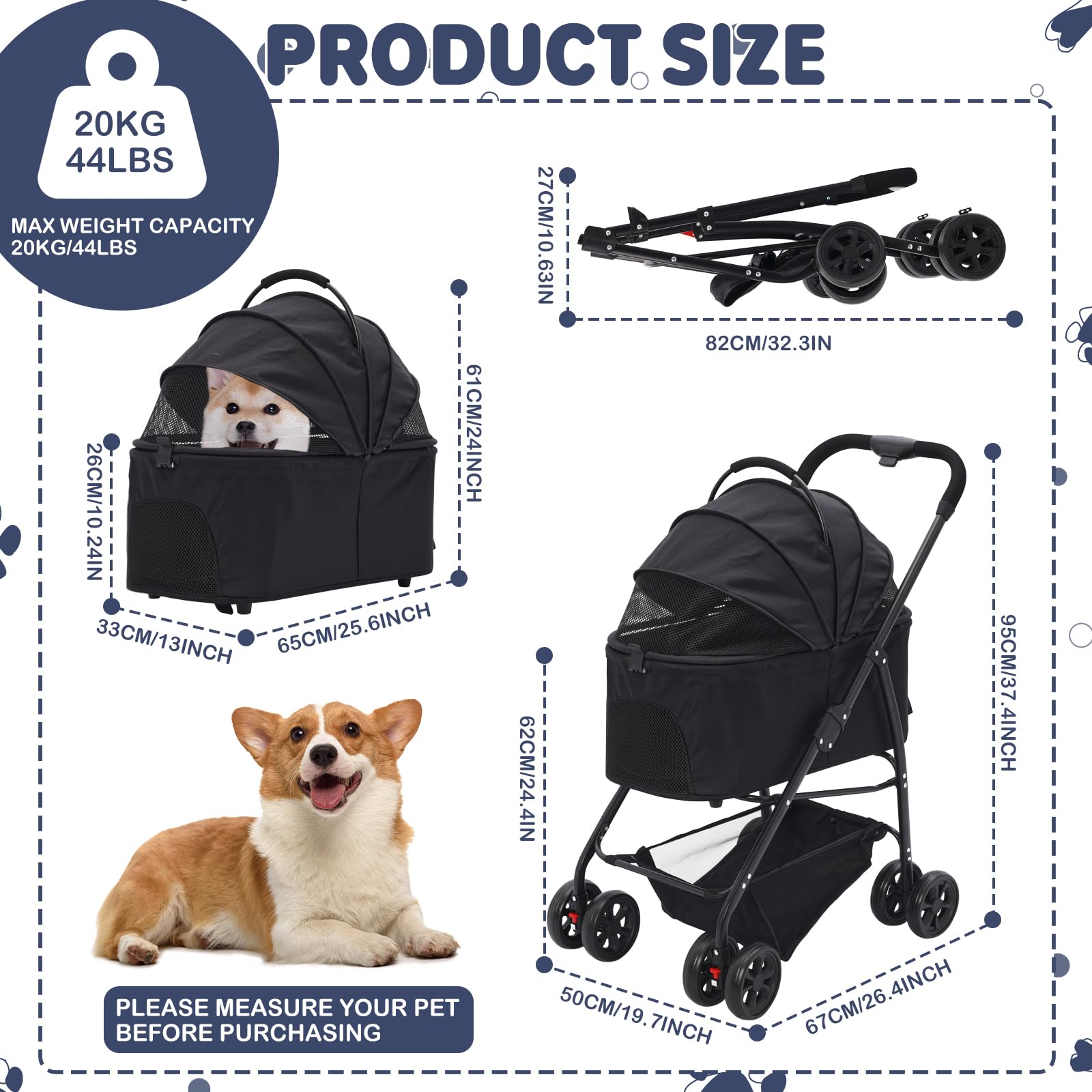 Hundewagen 3 in 1, Haustiere Buggy für mittelgroße Hunde, Faltbarer Hundebuggy bis 20kg, Haustiere Transportbox, Hundewagen mit abnehmbarem Carrier Autositz und Nahrungsmittelfach (schwarz)