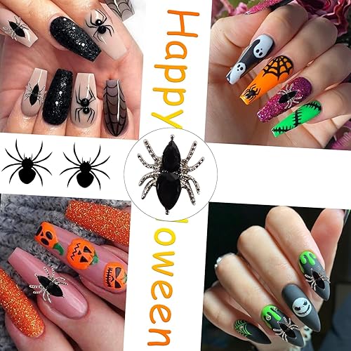 Miniatura 4 de Dijes negros de Halloween para uñas acrílicas, 20 piezas de araña 3D con diamantes de imitación, gemas de arte de uñas de metal punk, dijes de