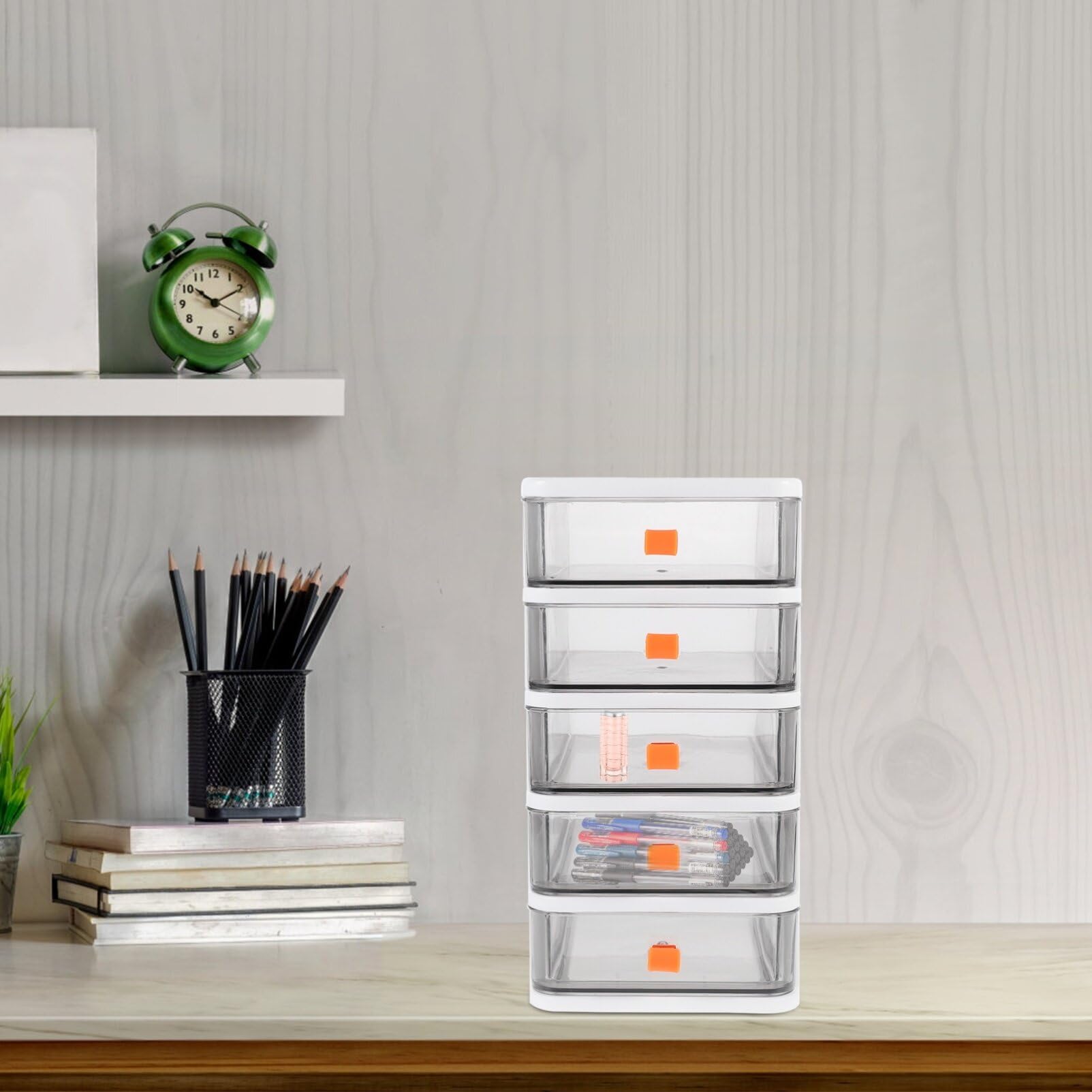 Cassettiera a 5 cassetti – Cassettiera da scrivania trasparente, mobiletto multifunzione, scaffale bianco per casa e ufficio, efficiente risparmio di spazio, soluzione elegante per mobili