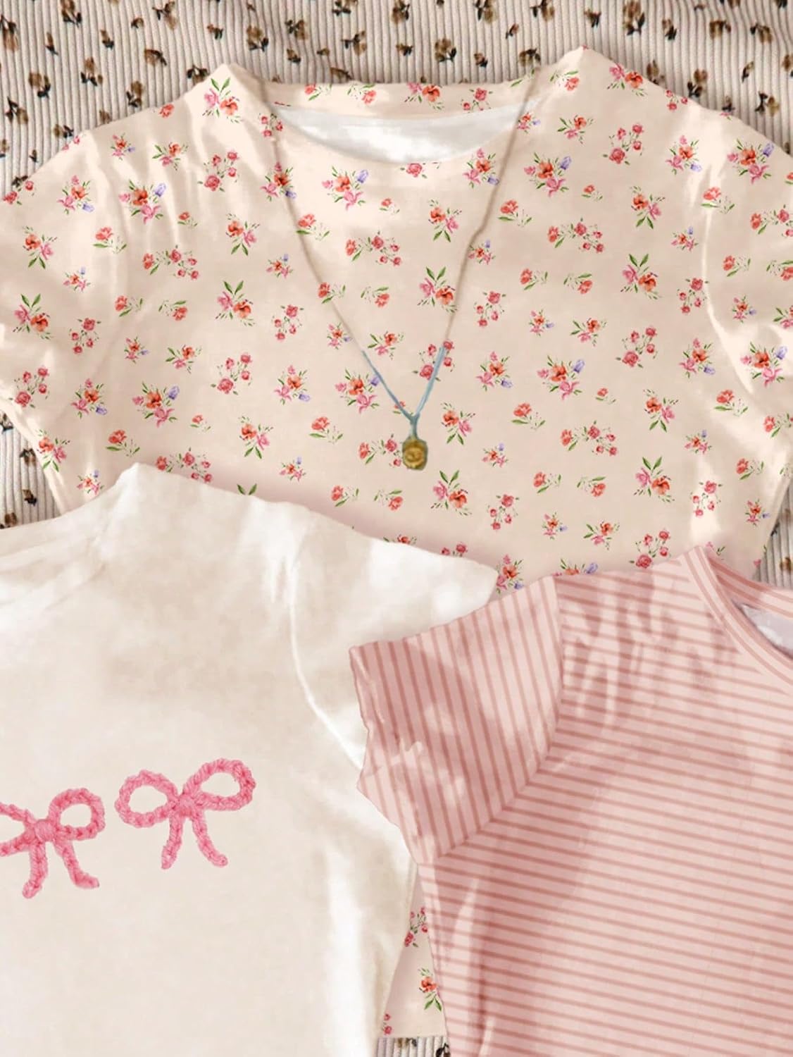 Girl's 3 Piece Set Graphic T-Shirts Floral Bow Striped Short Sleeve Crewneck Tees Summer Trendy Coquette Cute Tops
