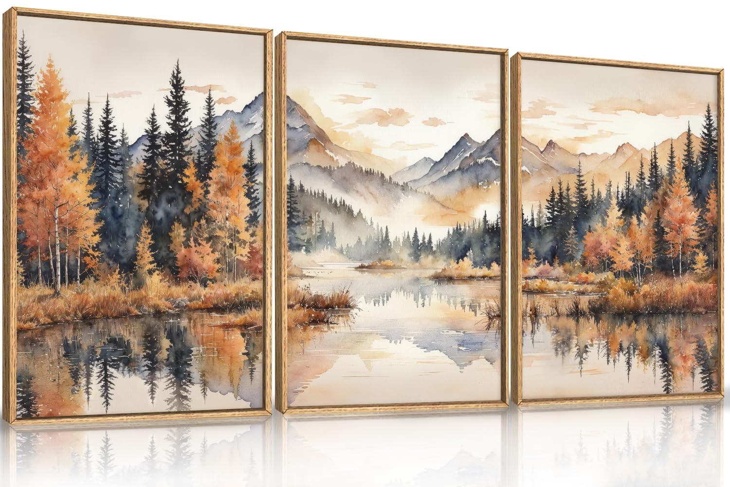 LHIUEM Large Neutral Mountain Framed Canvas Wall Art,Nature Foggy Forest Wall Decor,Watercolor Autumn Landscape Wall Painting,Woodland Artwork for