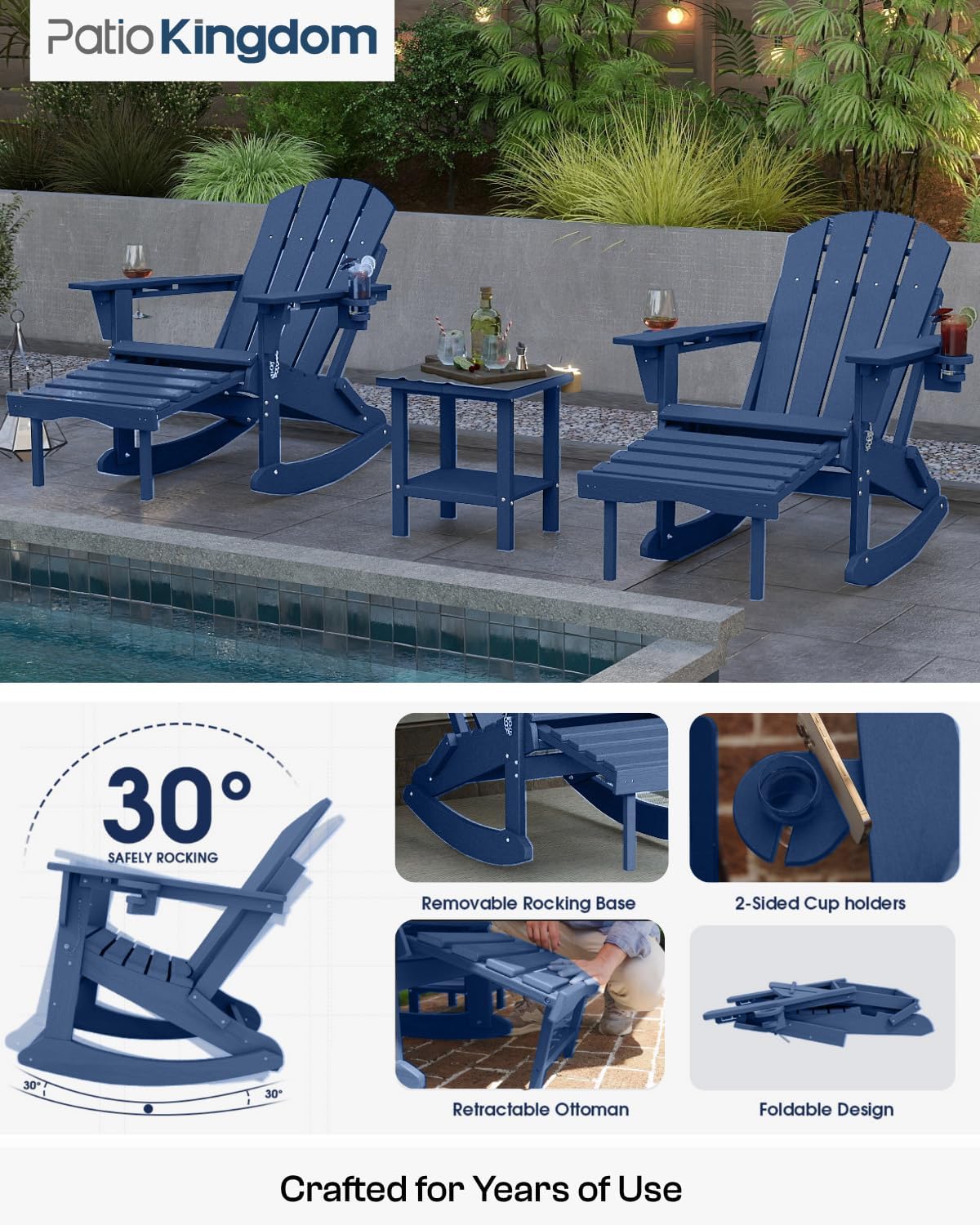 Folding Adirondack Rocking Chair, HDPE All-Weather Rocker with Retractable Ottoman & Cup Holders, Outdoor Chair for Porch, Deck, Garden, Backyard (Navy Blue)