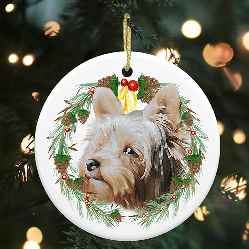 Yorkshire Terrier - Adorno colgante redondo de porcelana de 3 pulgadas para decoración del árbol de Navidad divertido adorno de Navidad para