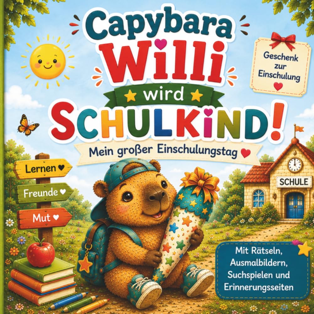 Capybara Willi wird Schulkind!: Mein großer Einschulungstag – Mit Rätseln, Ausmalbildern, Suchspielen, ersten Buchstaben, Zahlen und Erinnerungsseiten