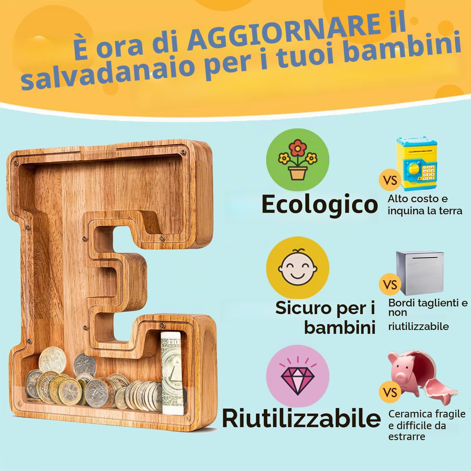 Summidate Salvadanaio Legno Bambini, Porcellino Salvadanaio Trasparente Lettera A-Z, Regalo Educativo Compleanno e Battesimo Personalizzabile con Adesivi per Ragazzi e Ragazze