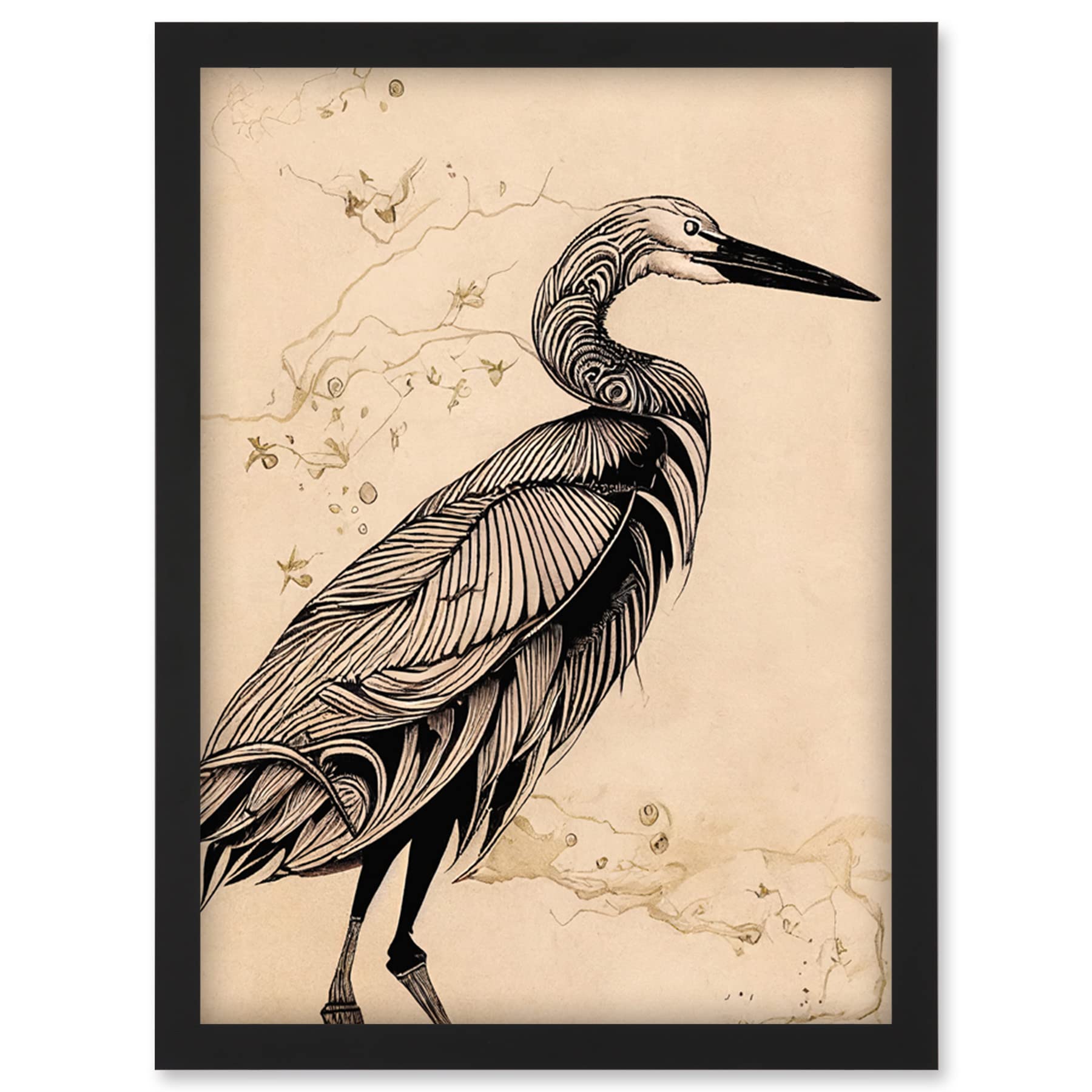 Doppelganger33 LTD Heron Bird Simple Ink Illustration Artwork Framed Wall Art Print A4