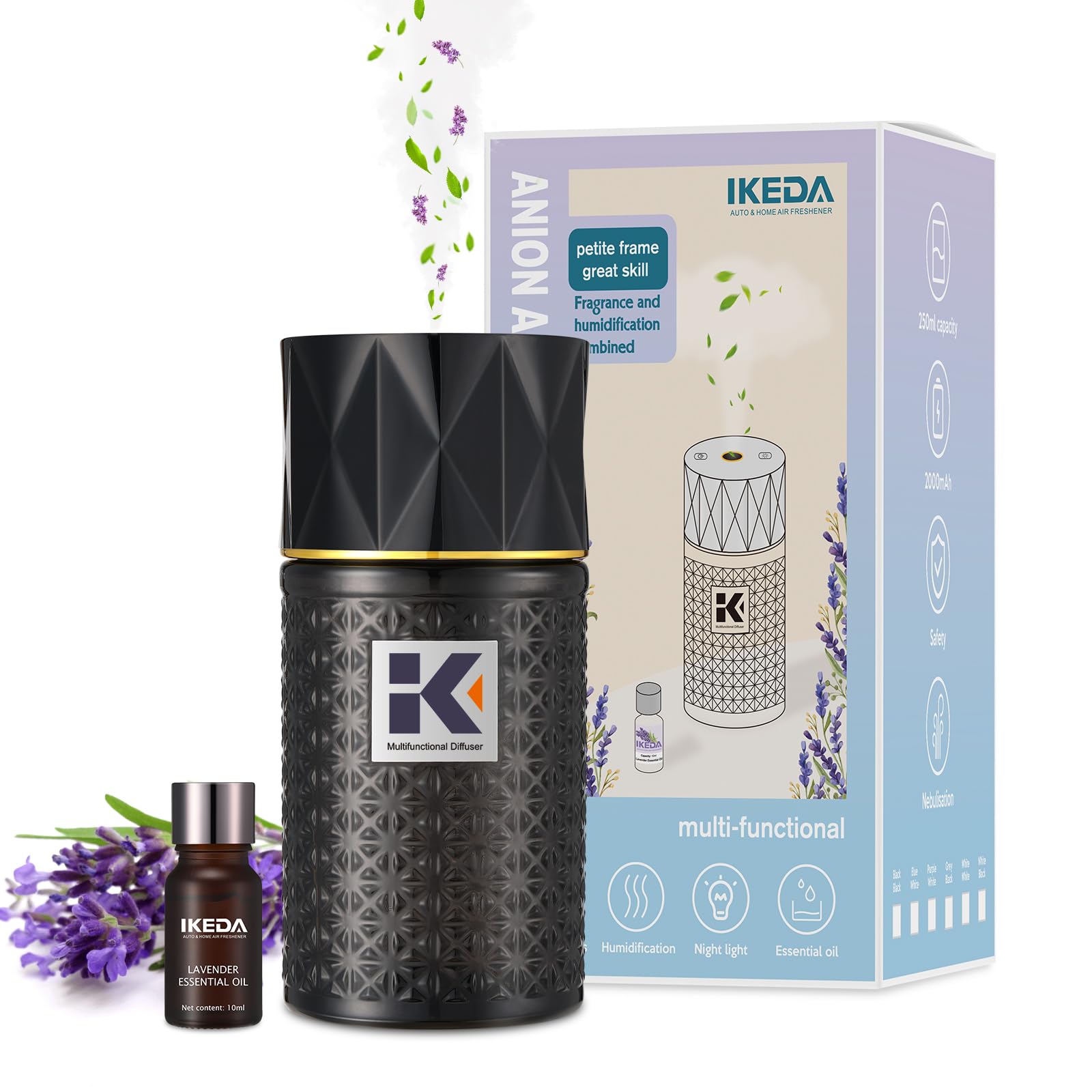 Ikeda Diffusor für ätherische Öle, 250 ml, Öldiffusoren für Zuhause, Auto, ätherisches Öl, negatives Ionenspray mit Duft (schwarzer Sprüher + schwarze Flasche, Ebenholzduft)